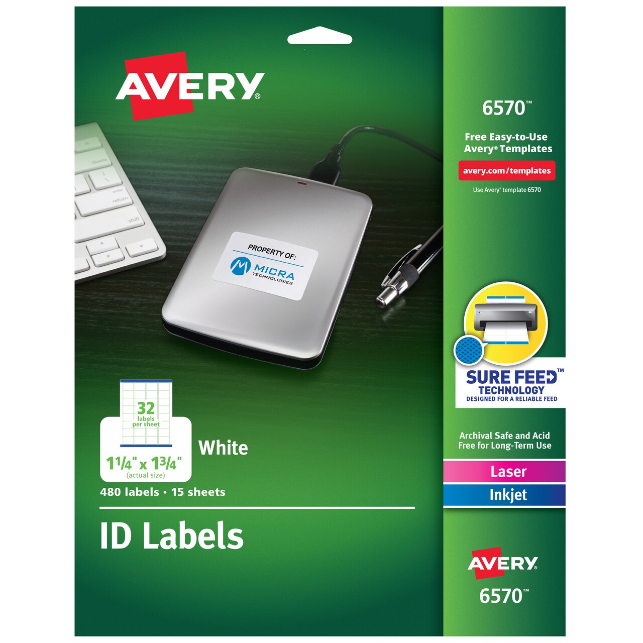 Avery ID Labels, Sure Feed Technology, Permanent Adhesive, 1-1/4" x 1-3/4", 480 Labels (6570) - 5 Pack
